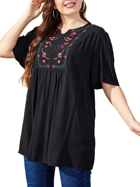 

plus floral embroidery notched neckline puff sleeve blouse e3le#, Black