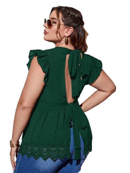 

plus tie back contrast guipure lace flutter sleeve blouse e0fr#, Black