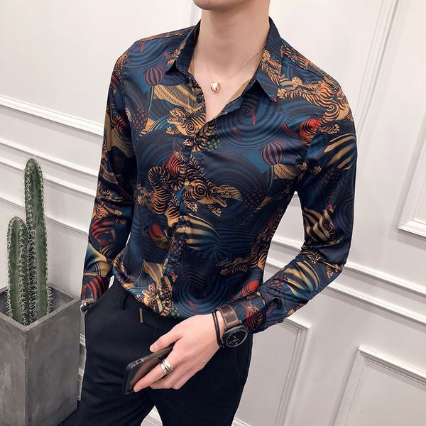 Roupa de primavera nova camisa de cabeleireiro personalidade colorida boate Social Brother masculino Slim Manga Longa 2024 Trend Fashion Casual Casual Tamanho S-4xl