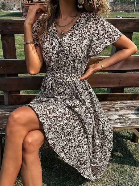 

ditsy floral butterfly sleeve belted dress d4ww#, Black;gray