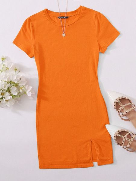 

neon orange split hem t-shirt dress e6jv#, Black;gray