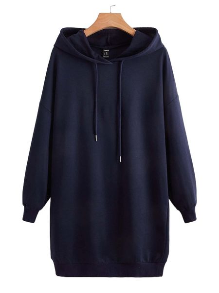 

drawstring drop shoulder sweatshirt dress h9s9#, Black