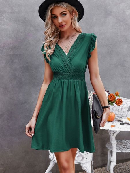 

guipure lace insert ruffle trim shirred sleeveless dress v8yn#, Black;gray