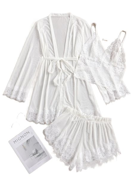 

4pack contrast lace mesh lingerie set with robe & belt l6xa#, Black;red