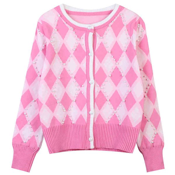 

women's sweaters early spring high-end women's 2022 lingge single breasted nail bead sweet slim round neck long sleeve knitted car, White;black