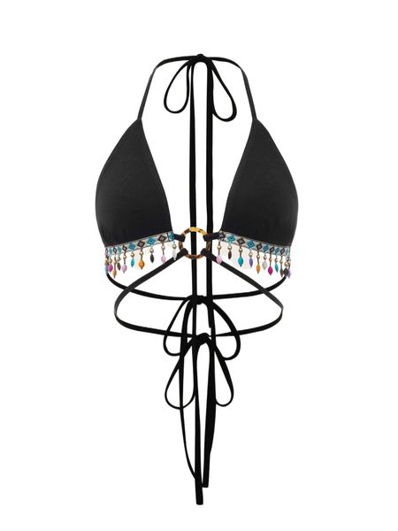 

contrast geo tape beaded trim backless knot halter f2te#, White