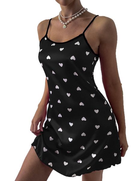 

heart print lettuce trim slip nightdress c2w0#, Black;red