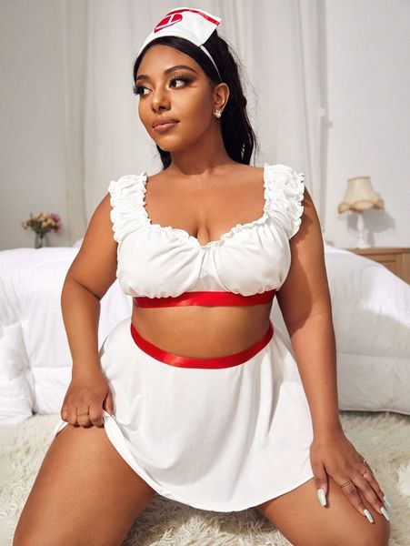 

plus 4pack lettuce trim tie back v-string nurse costume set w67j#, Black;white