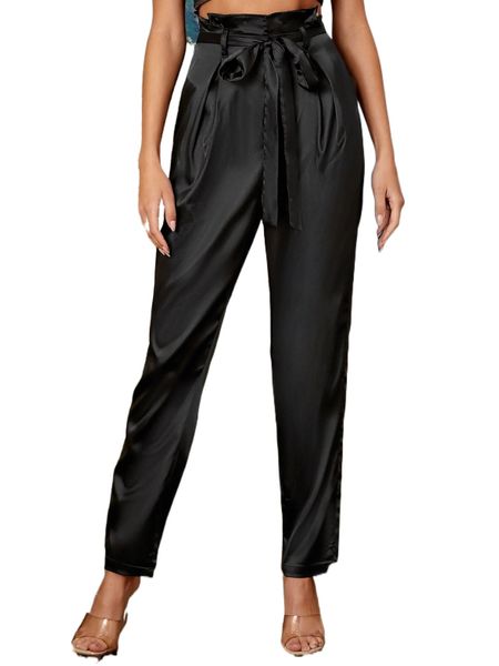

solid belted satin pants a5gh#, Black;white
