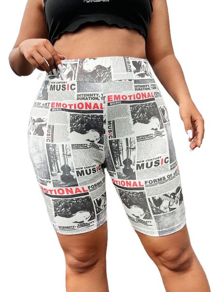 

plus wide waistband newspaper print biker shorts 05dk#, Black