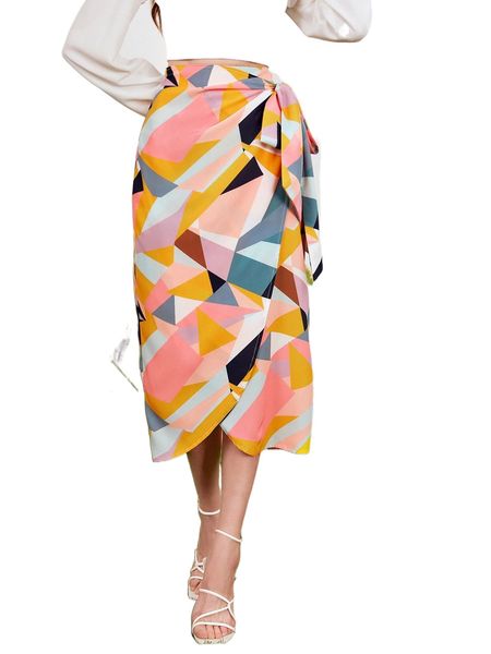 

geo print knot side wrap skirt 42gt#, Black