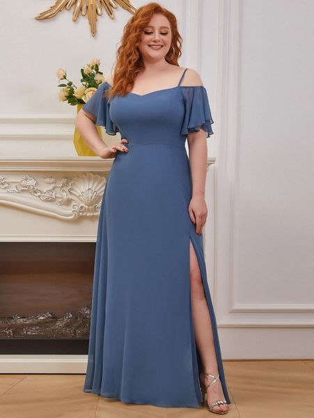 

ever-pretty plus cold shoulder split thigh chiffon dress o5to#, Black