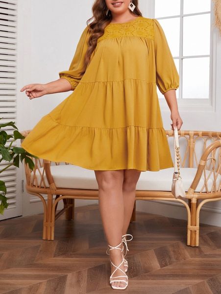 

plus lantern sleeve eyelet embroidery yoke smock dress s6fo#, Black