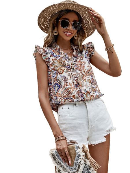 

paisley print frill trim butterfly sleeve blouse e4ce#, White