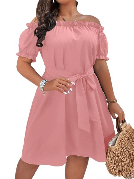

plus off the shoulder puff sleeve belted dress c40p#, Black