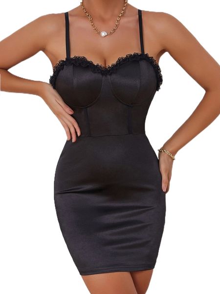 

lace trim satin cami dress r5af#, Black;gray
