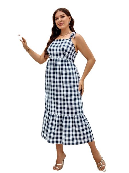 

plus gingham print tie shoulder ruffle hem cami dress 78ej#, Black