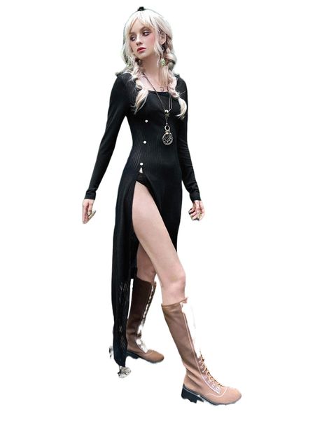 

button front split thigh asymmetrical hem dress q8do#, Black;gray