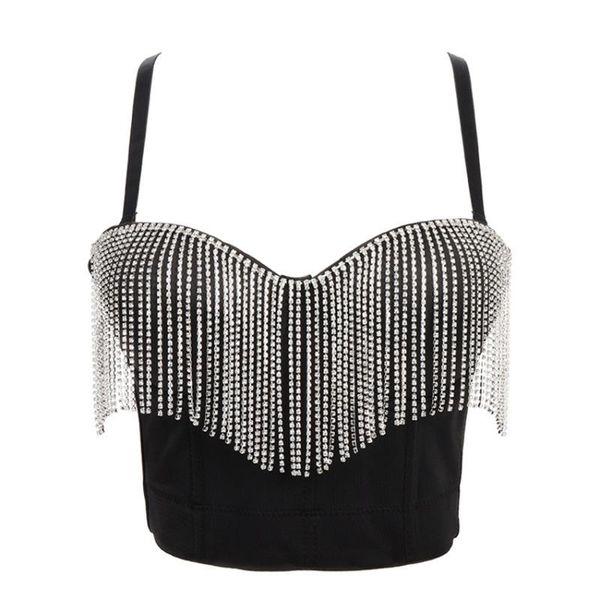 

women's tanks & camis 2022 tassel rhinestone nightclub push up bralette with built in bra cropped to wear out corset female crop t, White