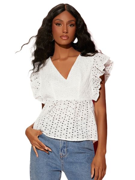 

butterfly sleeve peplum schiffy blouse g9r2#, White