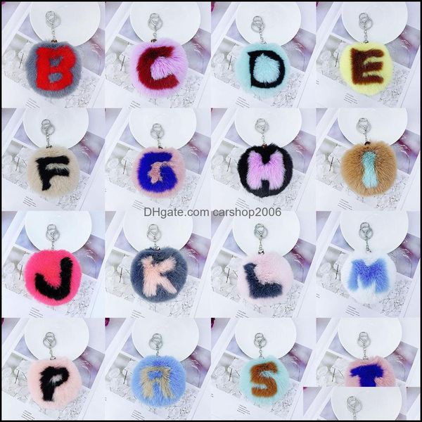 Schlüsselringe Schmuck 26 Alphabet Künstliche Kaninchenfell Ball Schlüsselanhänger Anhänger Weiche Und Plüsch Pompom Buchstaben Keyfobs P47 DH1E6