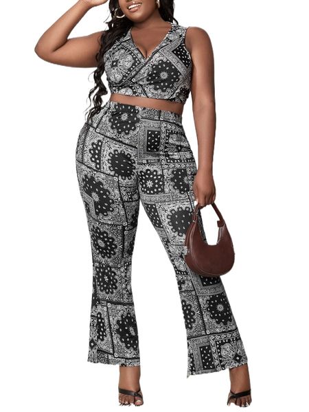 

sxy plus scarf print tank & flare leg pants q0ho#, Black
