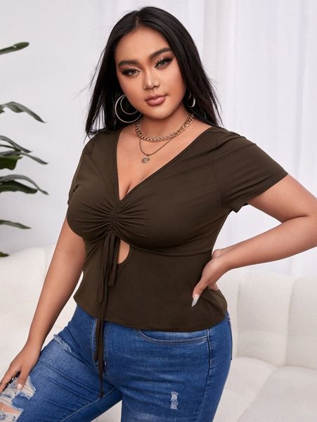 

sxy plus cut out drawstring front tee m3fj#, Black