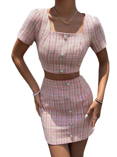 

plaid fake button square neck crop & bodycon skirt u3dm#, White