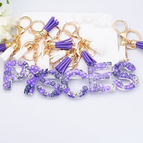 

creative 26 letters english with purple white tassel key ring constellation fruit slice resin keychains car bag pendant keyring, Slivery;golden