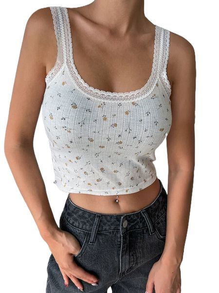 

dazy ditsy floral lace trim cami w4s5#, White