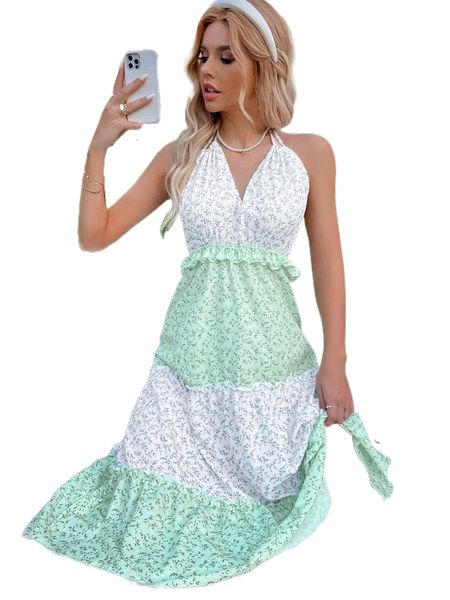 

ditsy floral ruffle trim backless halter dress 92h2#, Black;gray