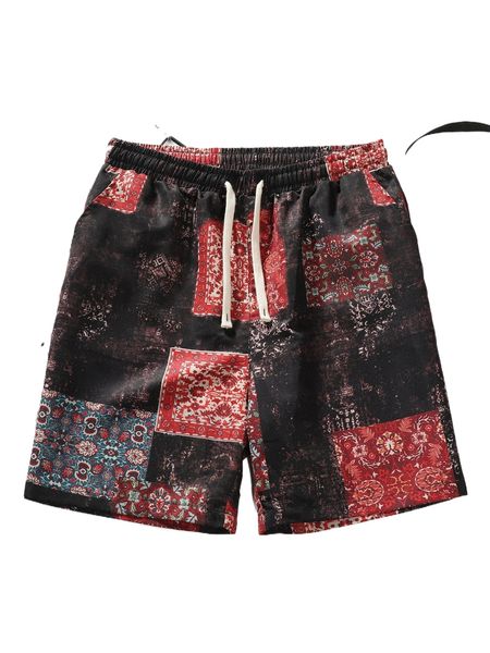 

men patchwork print drawstring waist shorts e25v#, White;black