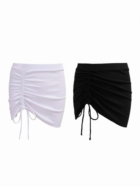 

2pack drawstring cover up skirt o6my#, White;black