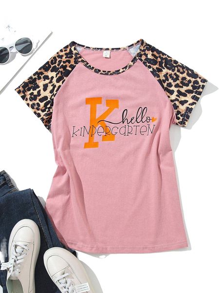 

1pc leopard & letter graphic raglan sleeve tee k6t9#, White