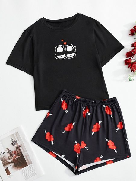 

panda & heart print pajama set s8en#, Black;red