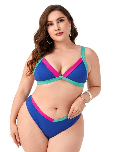 

plus contrast trim triangle high waist bikini swimsuit 25ag#, White;black