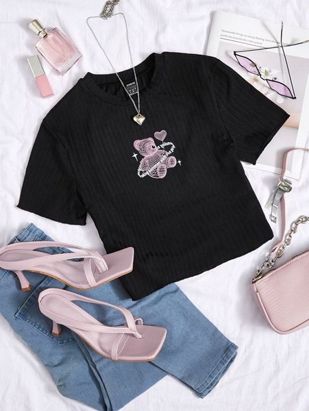 

cartoon bear print rib knit tee u1if#, White