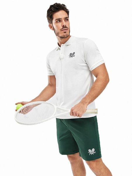 

men racket & letter graphic polo shirt & drawstring waist shorts z64r#, Gray