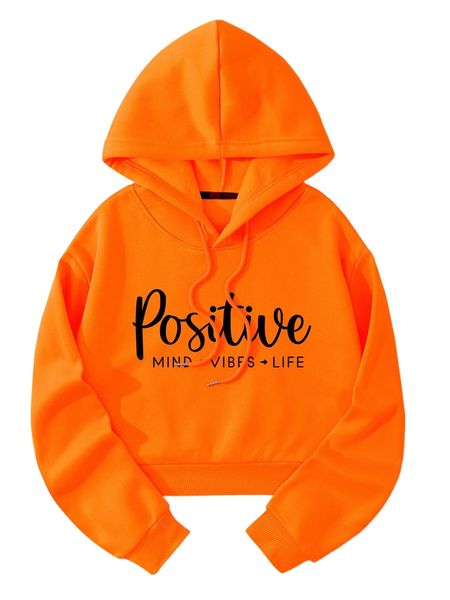 

letter graphic drop shoulder crop drawstring thermal lined hoodie u0nk#, Black