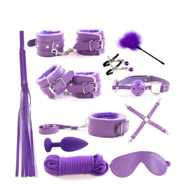 11 PCs Handcuffs Sexy Coloque o chicote do chicote mamilo Brinquedos BDSM Bondage Erótico Toys adultos para mulheres Casais Anal Butt Plug Tail