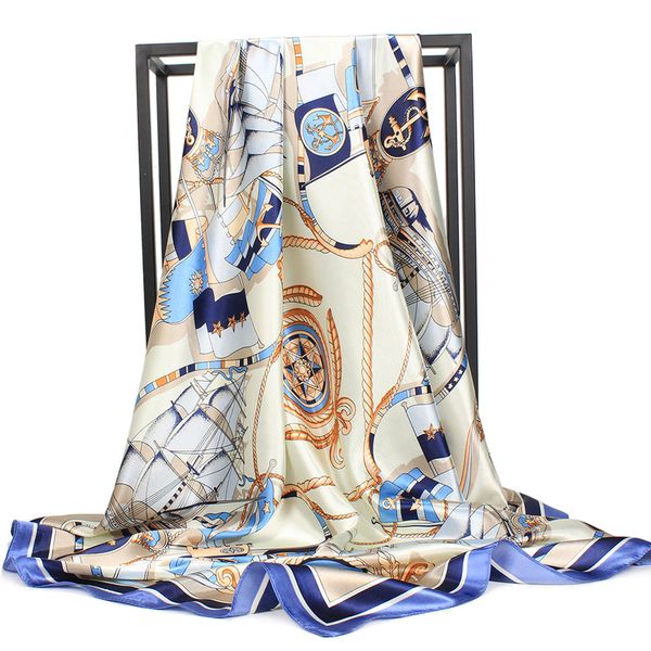 

90x90cm square silk scarf luxury brand hair tie band bandana headscarf female foulard hijab head wrap for women 220704, Blue;gray