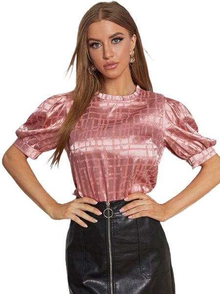 

geo jacquard frill neck puff sleeve satin blouse 6172#, White