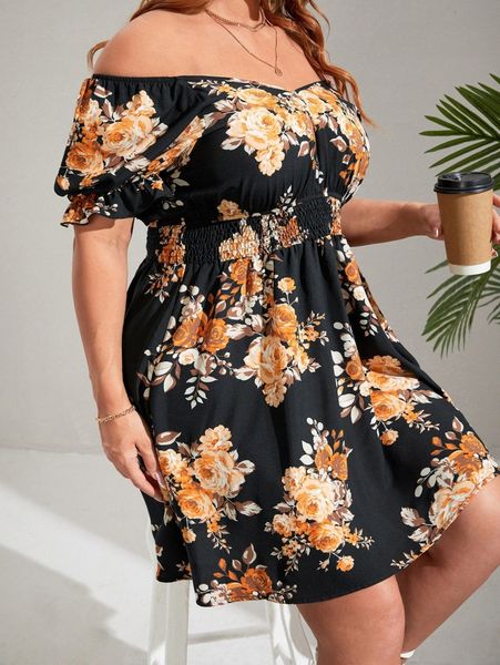 

plus allover floral print shirred waist flounce sleeve dress q6ge#, Black