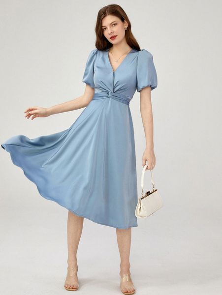 

puff sleeve twist front tie back chiffon dress i3hn#, Black;gray