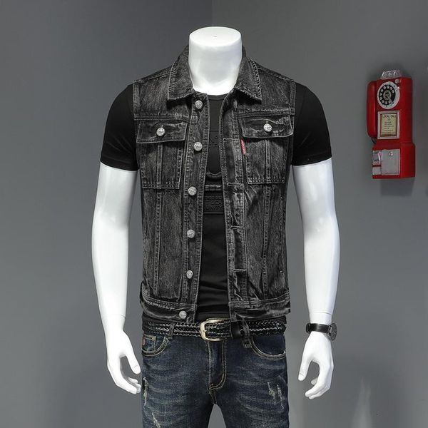 

men's vests s-5xl denim vest men sleeveless jacket casual jeans coat ripped slim fit male waistcoat turn-down collar streetwear black, Black;white