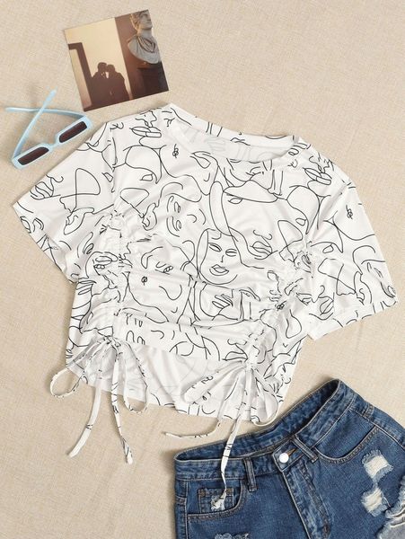 

plus abstract figure graphic drawstring hem tee c1gn#, Black