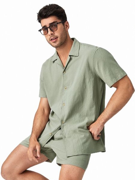 

men solid shirt and pocket front shorts set o4fb#, Gray