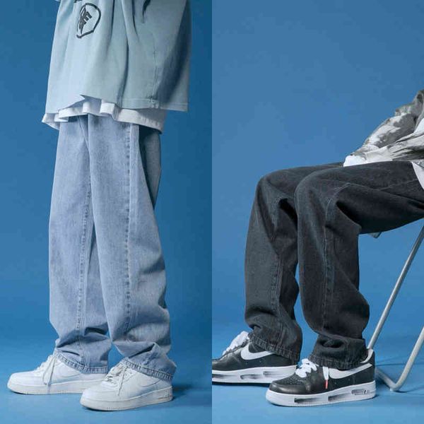 

men jeans straight jeans men white loose denim trousers neutral streetwear casual solid color wide jeans man women pants street style 22 122, Blue