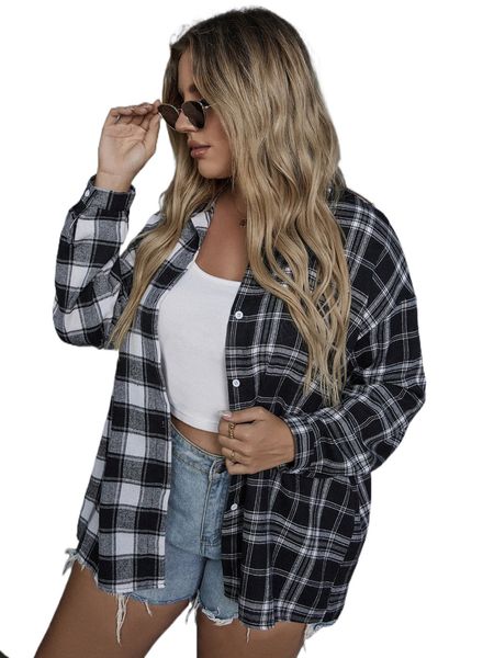 

plus plaid button through shirt g9ng#, Black