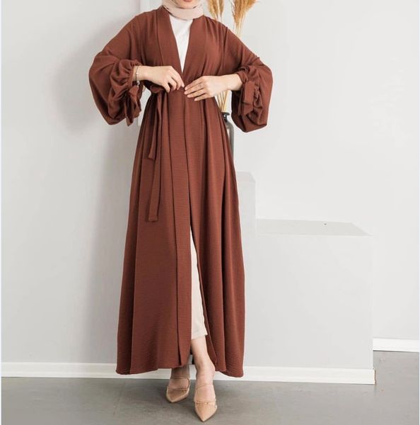 

wrinkle muslim kimono abaya turkey ramadan belted open abayas for women dubai hijab dress india islam clothing moroccan kaftan, Red